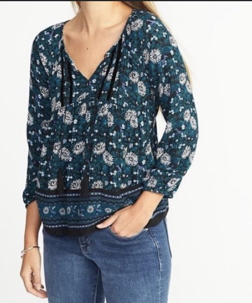 Old Navy Blouse Womens L Bohemian Peasant Sexy Midnight Blue And Teal